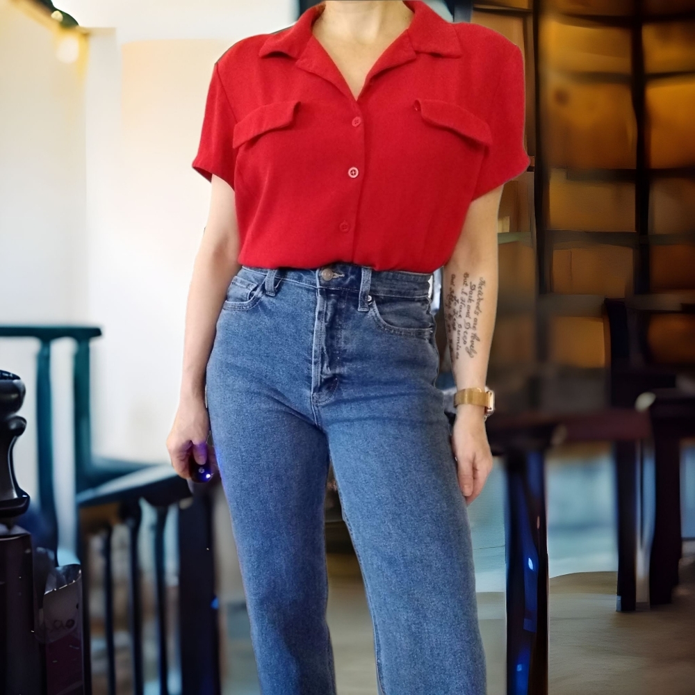 Vtg 90s Notched Collar Blouse